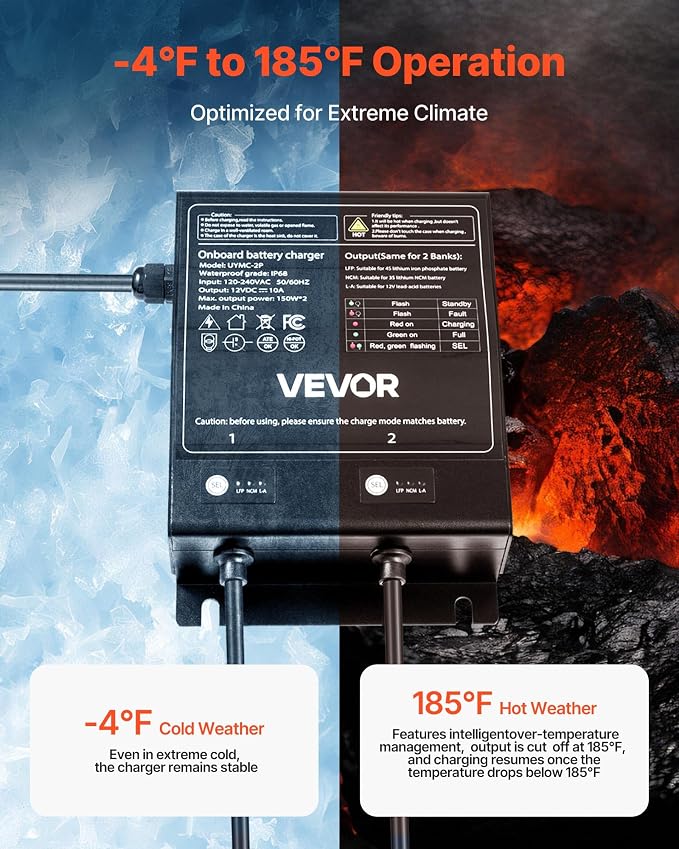 VEVOR 2 Bank Marine Battery Charger, 10A (10A/Bank) 12V Onboard Boat Charger, IP68 Waterproof Smart Battery Charger for Lithium LiFePO4, NCM, Lead-Acid Batteries, Large Boat, Yacht, RV, Trailer