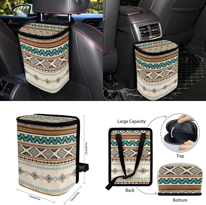 Boho Tribal Car Seat Covers Set of 15 with Universal Steering Wheel Cover, Rearview Mirror Cover, Car Trash Can, Seatbelt Pads, Cup Holder Coasters, Keychains