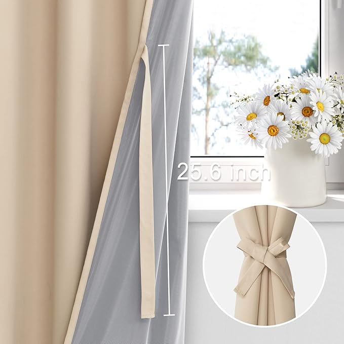 XWZO 100% Blackout Curtain Panels - Thermal Insulated Black Liner Curtains, Noise Reducing and Heat Blocking Drapes for Hall and Studio Windows with Tiebacks, Biscotti Beige, W38 x L54, Set of 2