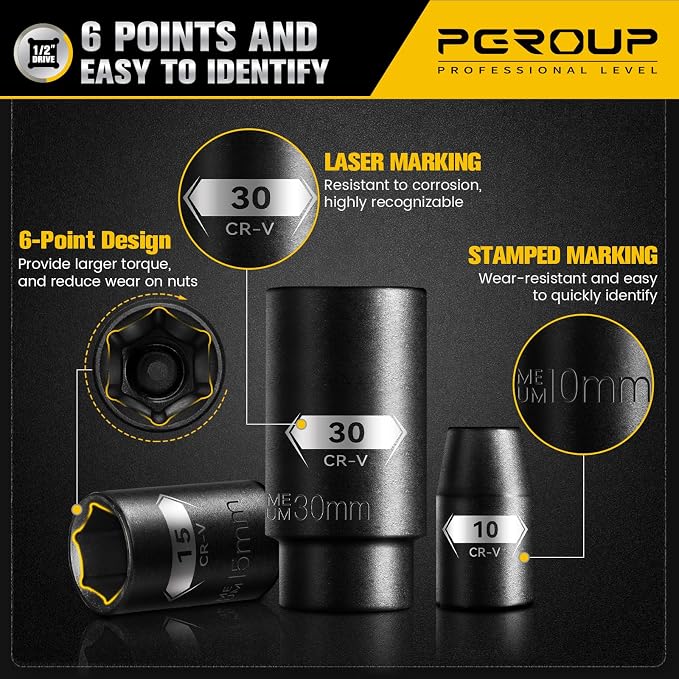 45PCS 1/2” Drive Metric Impact Socket Set, pgroup Deep & Shallow Socket Set with Extension Bars, Adapter and Universal Joint, Size 9-32mm, 6-Point Design, Chrome Vanadium Steel, Includes Storage Case