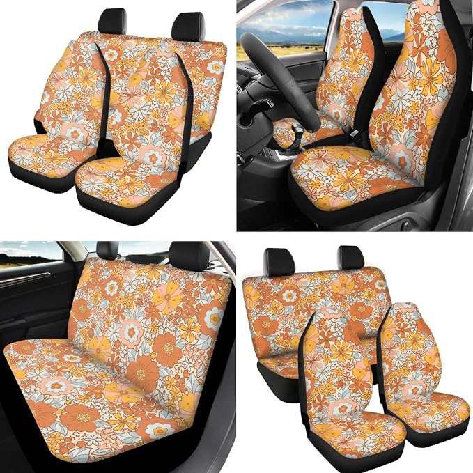 Vintage Daisy Groovy Flower Auto Seat Cover for Women 12 Pcs Abstract Boho Blossom Car Steering Wheel Cover Coaster Seatbelt Pad Keychains Durable Universal Fit Automotive Interior Accessory