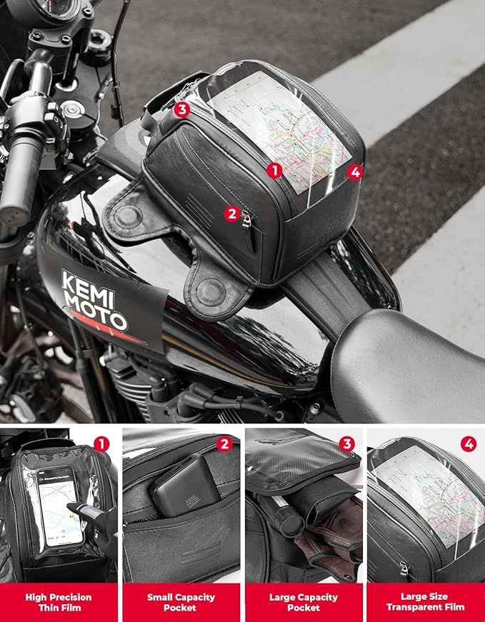 KEMIMOTO 7L Magnetic Motorcycle Tank Bag, PU Leather Water-Resistant Tank Bag with 8 Strong Magnets, Large Touchscreen Phone Film Motorbike Fuel Tank Storage Bag