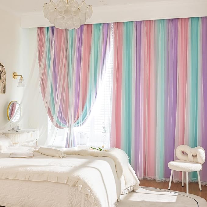 XiDi Double Layer Curtains for Nursery Girls Bedroom 84 Inches Long Full Blackout for Kids Princess Room Colorful Rainbow Design Unicorn Wall Decor Ombre Pink Purple Green Curtains W52 X L84 2 Panels