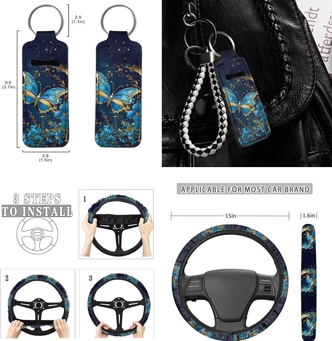 11Pcs Butterfly Car Accessory Interior Full Sets Blue Moon Butterfly Car Seat Covers Auto Seat Protection with 15Inch Neoprene Steering Wheel Cover Seatbelt Pads Keychain Seatbelt Pad