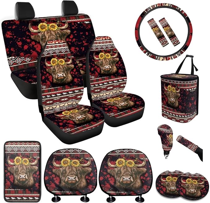 BIGCARJOB 15 Pack Highland Cow Print Car Seat Covers Set Tribal Print Auto Seat Headrest Cover Universal Steering Wheel Cover Car Trash Can Hanging Auto Interior Accessories Set