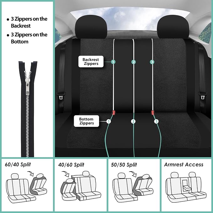 FH Group Car Seat Covers Universal Fit Full Set Interior Accessories, Sports Black Seat Covers with Airbag and Split Rear Automotive Combo Vinyl Floor Mats Seat Covers for Cars Vans Trucks and SUV