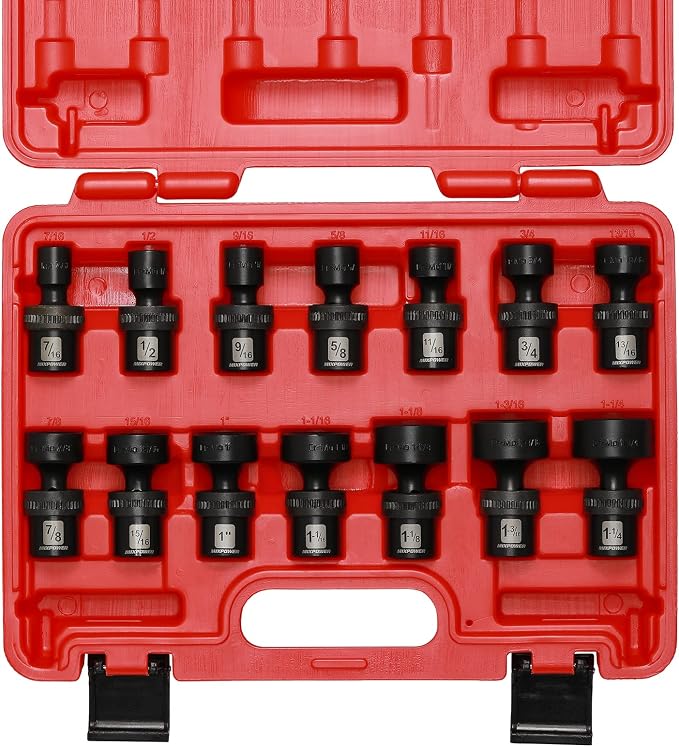 MIXPOWER 1/2" Drive Shallow Impact Universal Joint Swivel Socket Set, SAE, 7/16" to 1-1/4", Shallow, Flexible Wobble, Chrome Molybdenum Steel, 14 Pieces Set