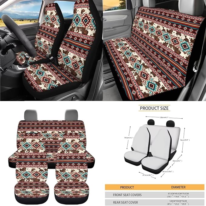 Dreaweet Aztec Brown Cow Seat Covers for Cars Full Set Native American Tribal Car Accessories Steering Wheel Cover Seat Belt Pads Coasters Trash Bag Air Vent Storage Bag Rearview Mirror Cover Keychain