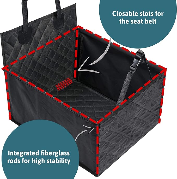 Dog & Pet Car Seat for Front Seat - 23.7'' x 20.9'' x 13.8'' - Robust Fiberglass Rods - Quilted Seat Surface and Anti-Slip Coating - Dog Car Accessories - Plus: Foldable Bowl