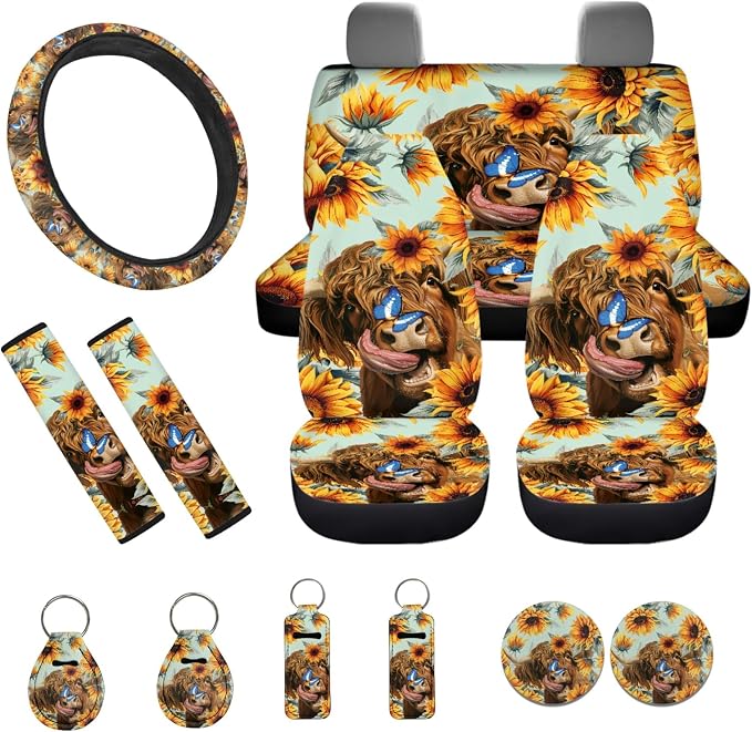 INSTANTARTS Sunflower Highland Cow Car Seat Cover Set 13PCS Car Accessories Front and Rear Seat Cover, Steering Wheel Cover, Seat Belt Cover, Coaster, Keychain, Lipstick Cover Blue Butterfly