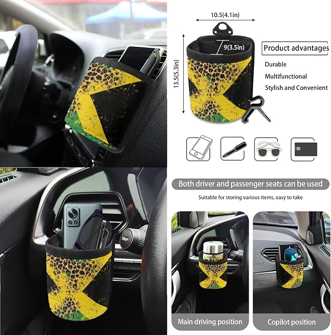 Jamaican Flag Leopard Print Car Front Back Seat Cover Set of 15 Steering Wheel Cover Seatbelt Strap Pad Trash Cans Rearview Mirror Covers Air Vent Storage Holder Coasters Keychain