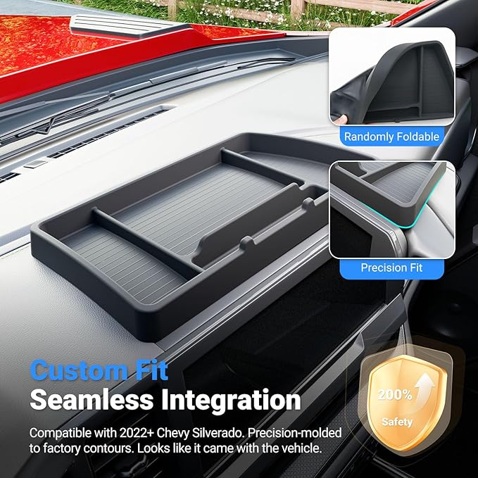 Dashboard Storage Organizer Compatible with 2022-2026 Chevy Silverado GMC Sierra 1500 2024-2026 2500HD 3500HD Silicone Storage Tray Replacement for 2022-2026 Chevy Silverado Accessories