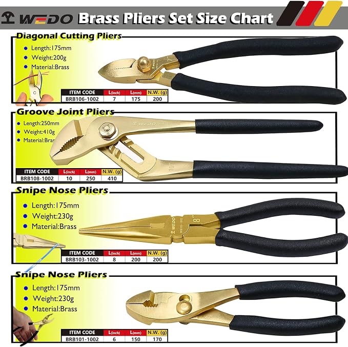 WEDO Brass Pliers Set - 4pc Non-Slip Handle, 8" Snipe Nose, 6" Slip Joint, 7" Diagonal Cutting, 10" Groove Joint