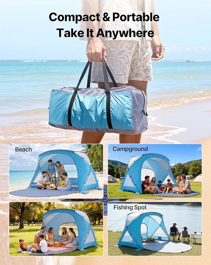 VEVOR Beach Tent Sun Shelter for 6 Person, UPF 50+, Portable Sun Shade Beach with Carrying Bag & Sand Pockets, Lightweight and Easy Setup Beach Umbrella for Family Camping Outdoor Picnic