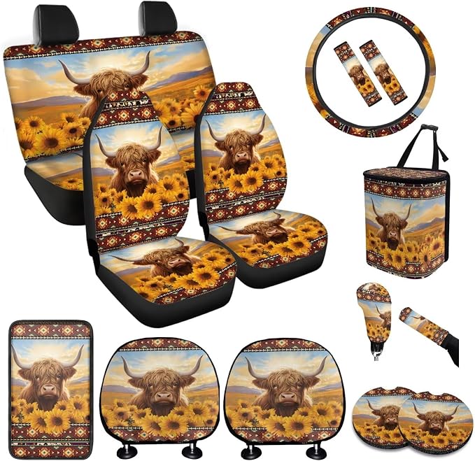 BIGCARJOB Highland Cow Print Seat Covers Full Set - Front & Rear, Sunflower Car Seat Protector Set, Funny Cow Print Headrest Covers, Trash Can