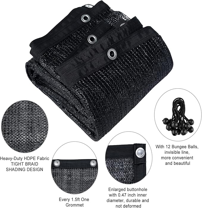 Shatex 90% Shade Cloth 6x14ft Hanging-up Sunblock Shade Panel, Black, 12 Bungee Balls