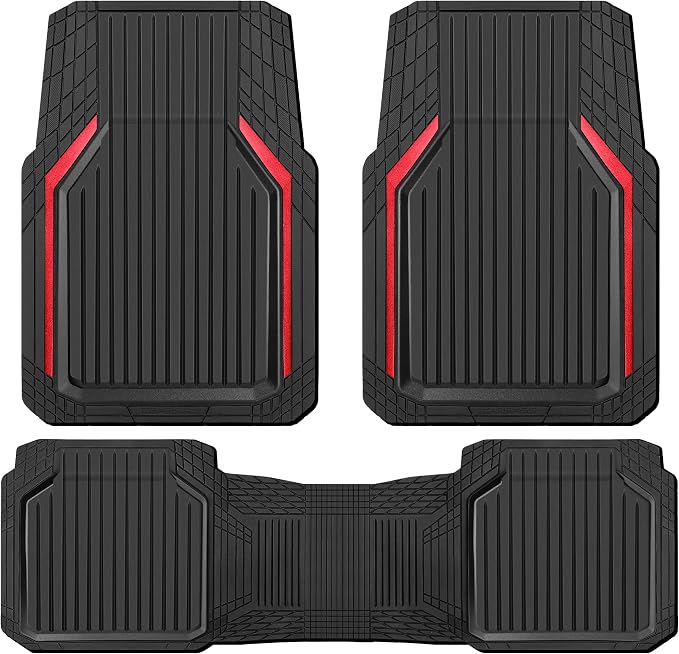 CAR PASS Heavy Duty Rubber Floor Mats for Car, Waterproof Liner Deep Dish Car Mats Full Sets, Universal Trim to Fit for SUV Truck Sedans Vans, All Weather Automotive Floor Mats 3pcs, Black Red
