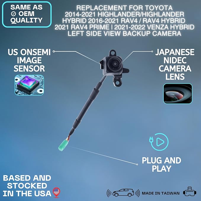 Left Side View Backup Camera Replaces for 2014-2021 Toyota Highlander/Highlander Hybrid | 2016-2021 RAV4 / RAV4 Hybrid | 2021 RAV4 Prime | 2021-2022 Venza Hybrid OE Part # 867900E090 8679048150