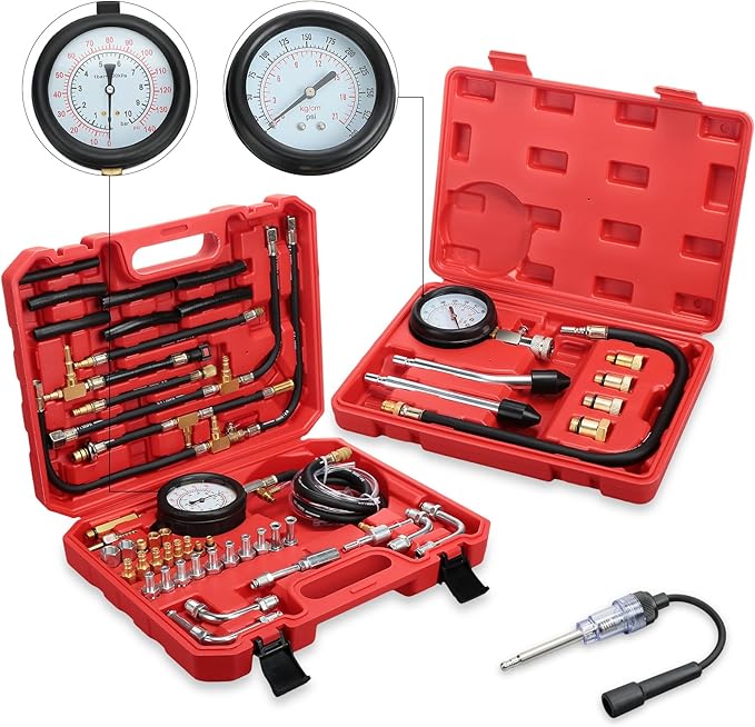 Therwen 45 Pcs Gauge 0-140 Psi Fuel Injection Pressure Tester Kit 8 Pcs Gauge 0-300 Psi Compression and Spark Plug Tester, Oil Pressure Gauge Automotive Tool Kit for Motorcycle Car Truck