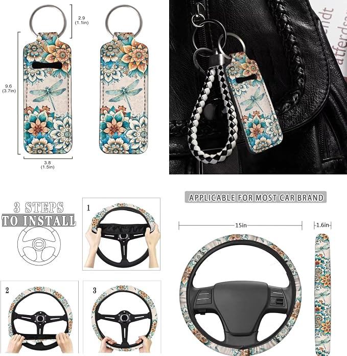 Bohemian Flower Dragonfly Car Seat Covers for Women Men，11pcs Dragonfly Auto Seat Covers for Front Back+ Steering Wheel Cover+Keychain+Cup Coaster+Lipstick Holder Keychain for Most Cars