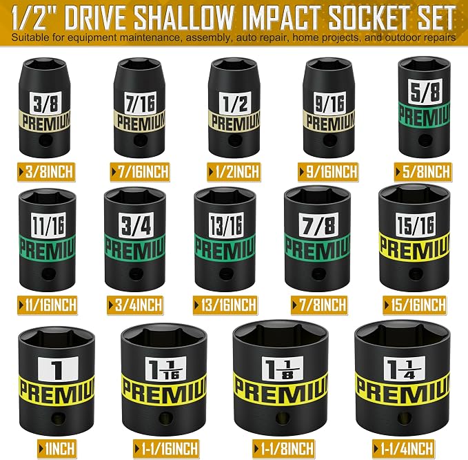 14-Piece 1/2" Drive Shallow Impact Socket Set, 3/8" to 1-1/4", Semi-Deep Sockets, Cr-V, Socket Set for Automotive and Home, SAE, 6 Point