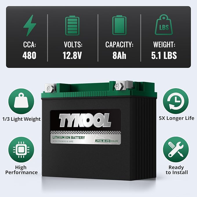 TYKOOL LFP20L-BS-STD Lithium Battery, Replaces YTX20L-BS 65989-97C, 480CCA 8Ah Fits for Motorcycle ATV UTV PWC, Compatible with Harley Davidson Softail Fat Boy V-Rod Heritage Classic, Digital Readout