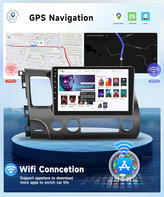 2G+64G Car Stereo Radio for Honda Civic 2006-2011 with Wireless CarPlay Android Auto, 10.1 Inch Android 13 Touch Screen Head Unit, HiFi Audio GPS Navigation WiFi Bluetooth SWC HD Backup Camera