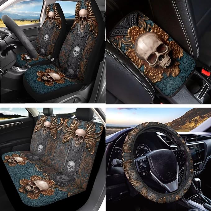 Skull Printed Auto Seat Protector with Armrest Pad Cover Leather Lipstick Holder Keychain Car Coaster Non Slip Car Seat Cover Full Set Auto Accessories Set, Blue