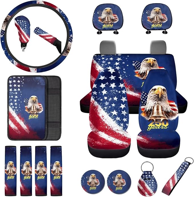 Eagle Print Car Seat Covers Set of 18 American Flag Print Car Front Rear Seat Covers with Steering Wheel Cover Safety Belt Pad Armrest Cushion 250 Years Interior Decor for Cars