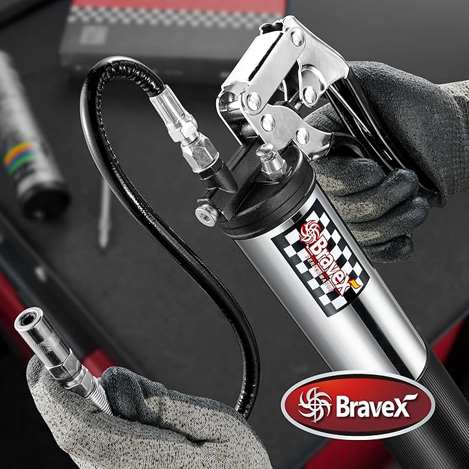Bravex Heavy Duty Professional Pistol Grip Grease Gun 6000 PSI - 18 inch Flex Hose …