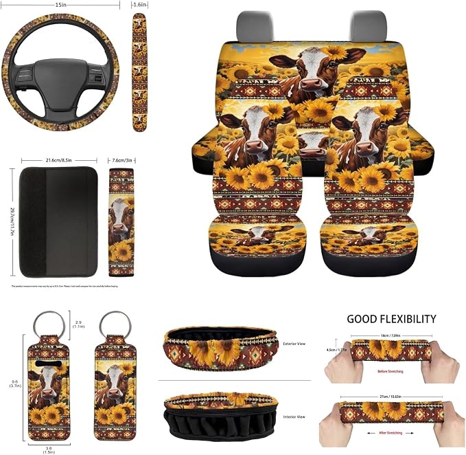 14Pack Western Cow and Sunflower Car Seat Covers Cow Auto Accessory Full Set+Steering Wheel Cover+Seatbelt Pads+Handbreak Cover+Vehicle Coaster+Keychain+Car Rear View Mirror Cover for Women