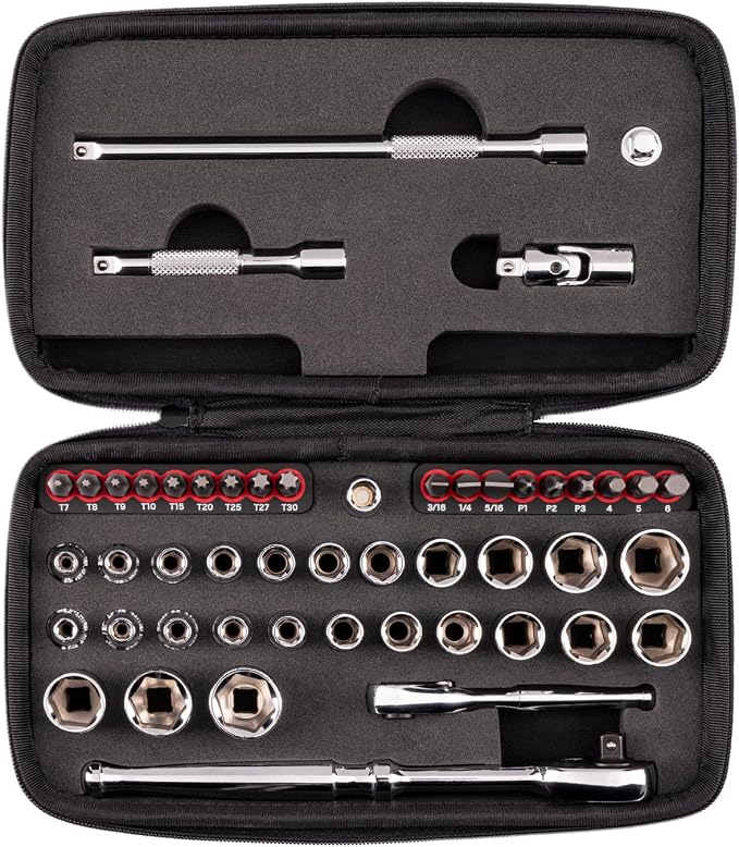 TEKTON 1/4 Inch Drive 6-Point Small Engine Shallow Socket, Bit, and Quick-Release Ratchet Set with Case (50-Piece) | SKT07902