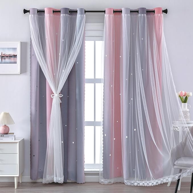XiDi Pink and Grey Star Blackout Curtains for Girls Bedroom 63 Inch Length 2 Panels, Room Darkening Thermal Insulated Grommet Window Drapes for Kids Nursery Room Home Decro Ombre Pink Grey 34W x 63L