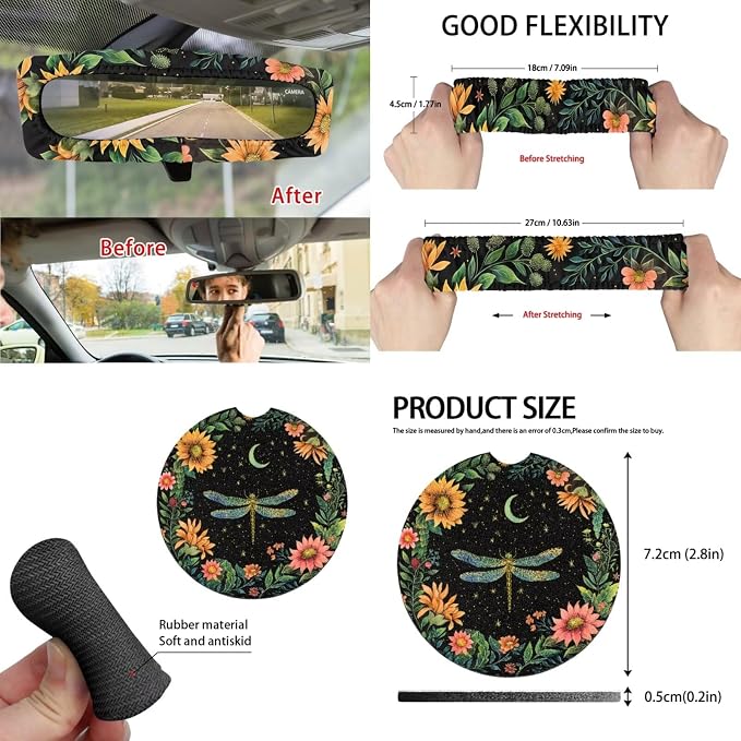 15 Pcs Moon Floral Dragonfly Car Seat Cover Full Set for Women with Car Steering Wheel Cover Seat Belt Cover Trash Bin Front Rear View Mirror Car Cup Holder Keychain