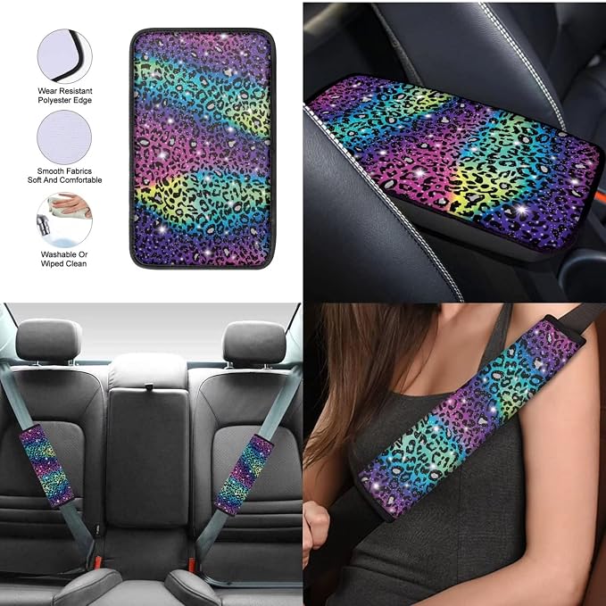 Mumeson Bright Leopard Skin Design Car Seat Covers Set with Steering Wheel Cover, Seat Belt Shoulder Pads,Car Armrest Cushion of Car Full Set of 8 Pieces Auto Interior Protector Set for Womens