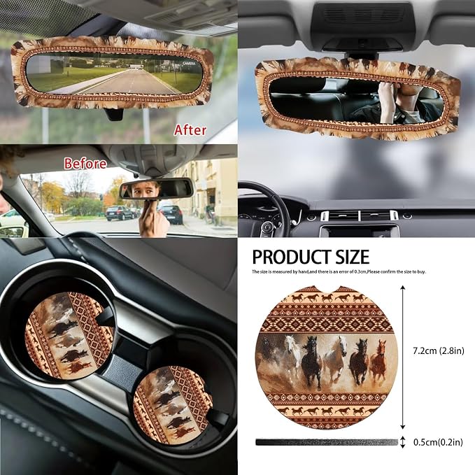 Aztec Horse Print Car Accessories Seat Covers Full Set of 14, Including Front and Rear Split Bench Seat Covers Steering Wheel Cover Center Console Pad Safety Belt Pads Cup Mats