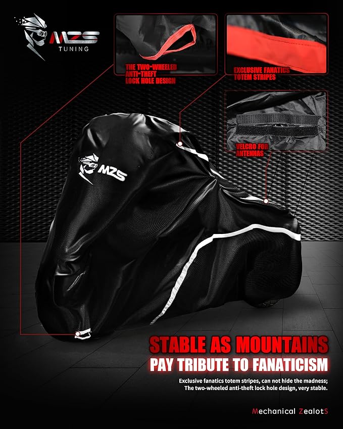 MZS Motorcycle Cover Waterproof Outdoor, 420D All Season Weather Touring Protection Cover Storage fit up to 107" Compatible With Road King Electra Street Glide Ultra Revial Heritage Vulcan Wing