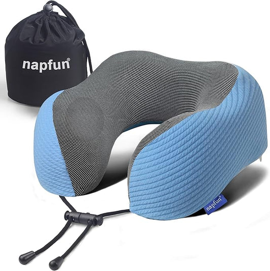 napfun Neck Pillow for Traveling, Upgraded Travel Neck Pillow for Airplane 100% Pure Memory Foam Travel Pillow for Flight Headrest Sleep, Portable Plane Accessories, Sky Blue