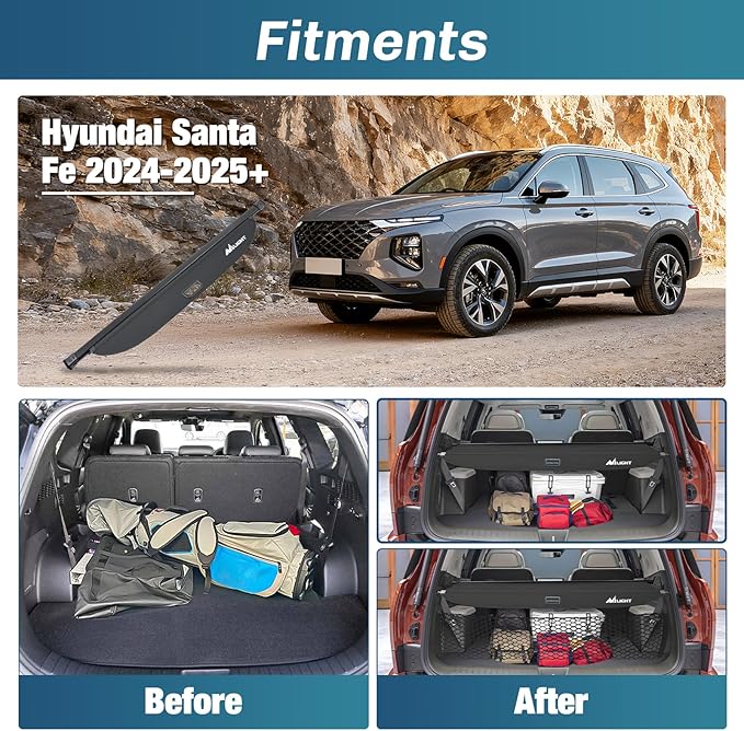 Nilight Trunk Cargo Cover for Hyundai Santa Fe 2024 2025, Retractable Security Shade Rear Cargo Cover, with Trunk Storage Net