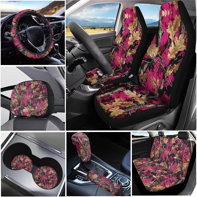 KEIAHUAN Pink Camo Hunting 11 Piece Car Seat Covers Full Set for Women Include Steering Wheel Cover Car Coasters Handbrake and Gear Shift Knob Cover/Headrest Cover for Sedan Truck Van