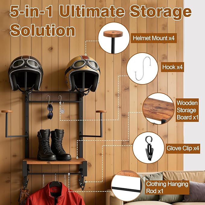 Wall Mounted Motorcycle Helmet Holder, Heavy-Duty Helmet Rack with 4 Helmet Mounts & 4 Glove Clips, Rustic Wall Mounted Organizer with 4 Hooks for Motorcycle Helmets, Shoes, Accessories