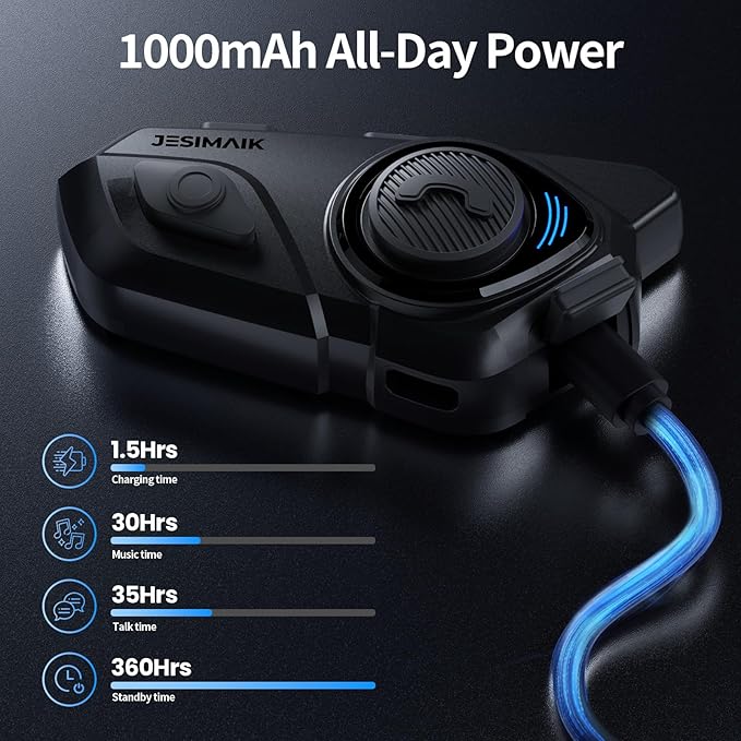 JESIMAIK Motorcycle Helmet Bluetooth Headset, 10 Way 2KM Helmet Communication System, Multitasking Audio Motorcycle Intercom, 2 Mics&40mm Speaker (2 Pack)