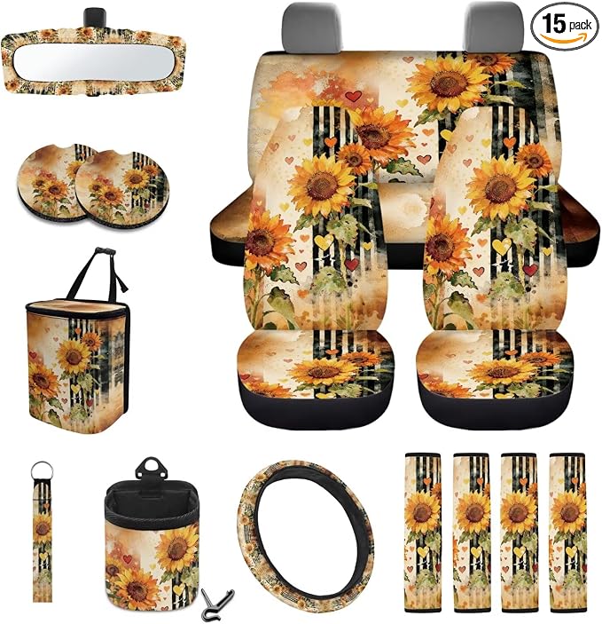 Sunflower Print Car Interior Covers Full Set of 15 Decorative Car Front Rear Seat Covers Steering Wheel Cover Safety Belt Pads Rearview Mirror Cover Garbage Bag Keychain
