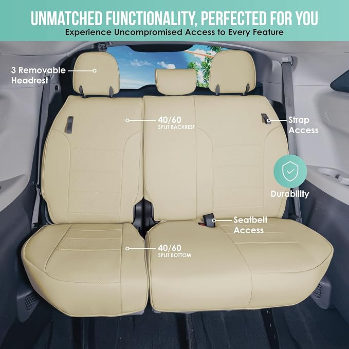 FH Group Custom Fit Car Seat Covers Specifically Made for 2021-2024 Toyota Sienna 7-8 Seater, Faux Leather Automotive Seat Covers - 3rd Row Solid Beige