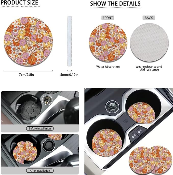 POLERO 70S Car Seat Covers Set for Women Groovy Floral Steering Wheel Cover Retro Hippie Flower Seatbelt Covers Cupholder Coasters with Cute Keychains, 11pcs