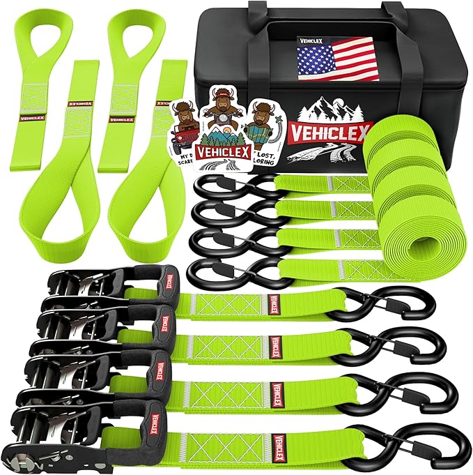 Vehiclex Motorcycle Ratchet Tie Down Straps with Soft Loops - 4PK Heavy Duty 1.5" x 8ft Kit, 4,400 lb Breaking Strength for Powersports, Green