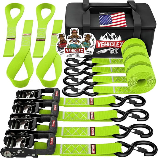 Vehiclex Motorcycle Ratchet Tie Down Straps with Soft Loops - 4PK Heavy Duty 1.5" x 8ft Kit, 4,400 lb Breaking Strength for Powersports, Green