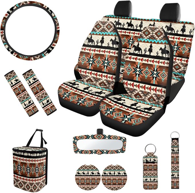 Aztec West Automobile Seat Cover Set with Car Seat Belt Pad Cover Steering Wheel Cover Car Trash Can Keychains Keychain Holder Car Cup Coasters ，12 Pack Fashion Auto Interior