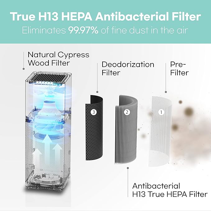 IMUNSEN M-001B True HEPA 13 Filter Air Purifier for Home, Large Room, Pets with Carbon Deodorization Filter, 99.97% Particles, Smokes, Odor, Cyclone Mode, Quiet Auto Sleep Mode - Black