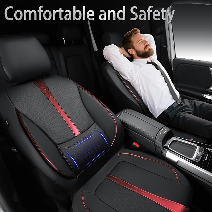 CAR PASS 3D Foam Support Red Leather Car Seat Covers Front Seats,Waterproof Faux Leather Front Seat Cover for Car,Universal Fit Anti-Slip for SUV Truck,Rubber Floor Mats for Cars